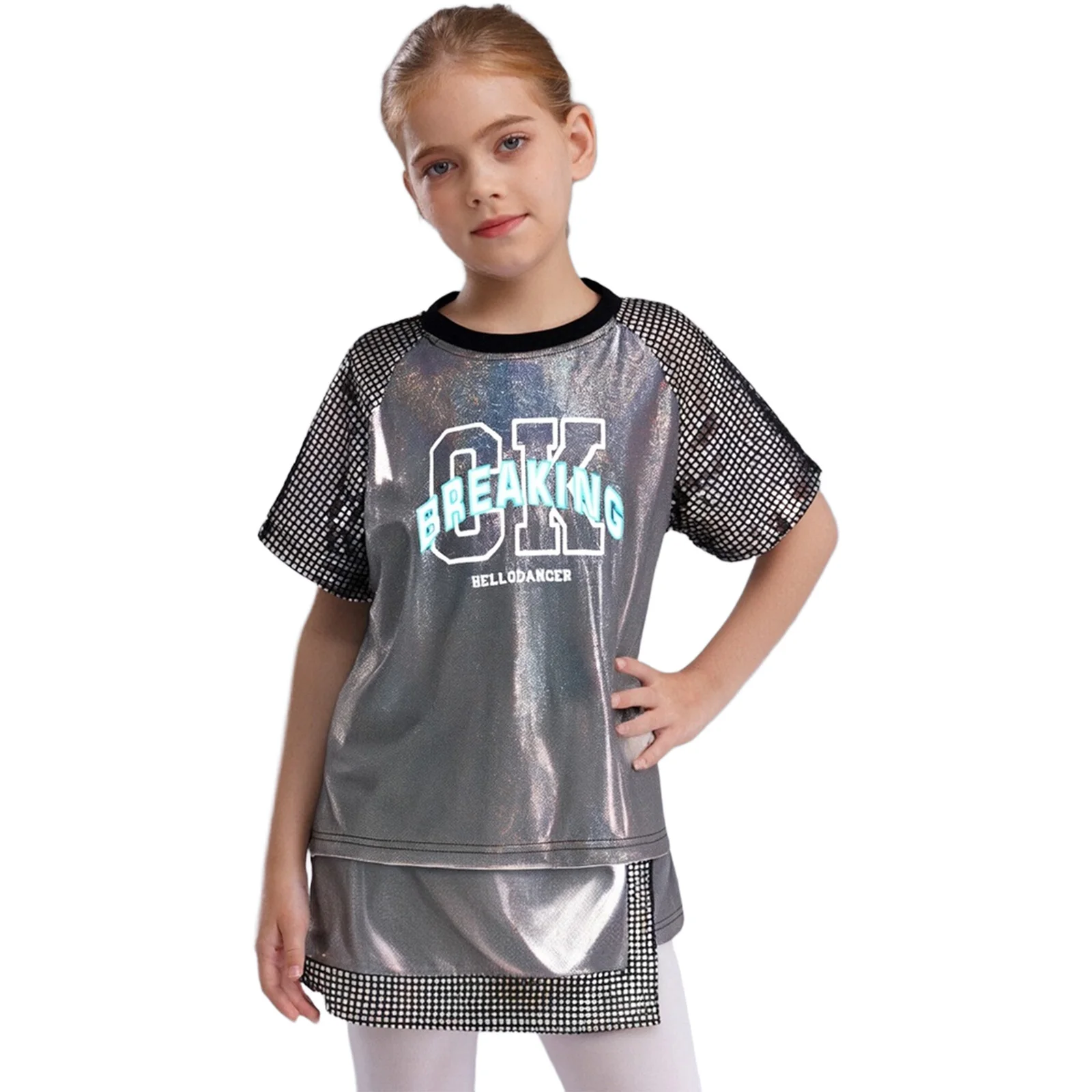 Kids Boys Girls Jazz Street Dance Outfit Hip-Hop Stage Jazz Dance Performance Costume Sparkling Sequin Metallic Top with Bottom