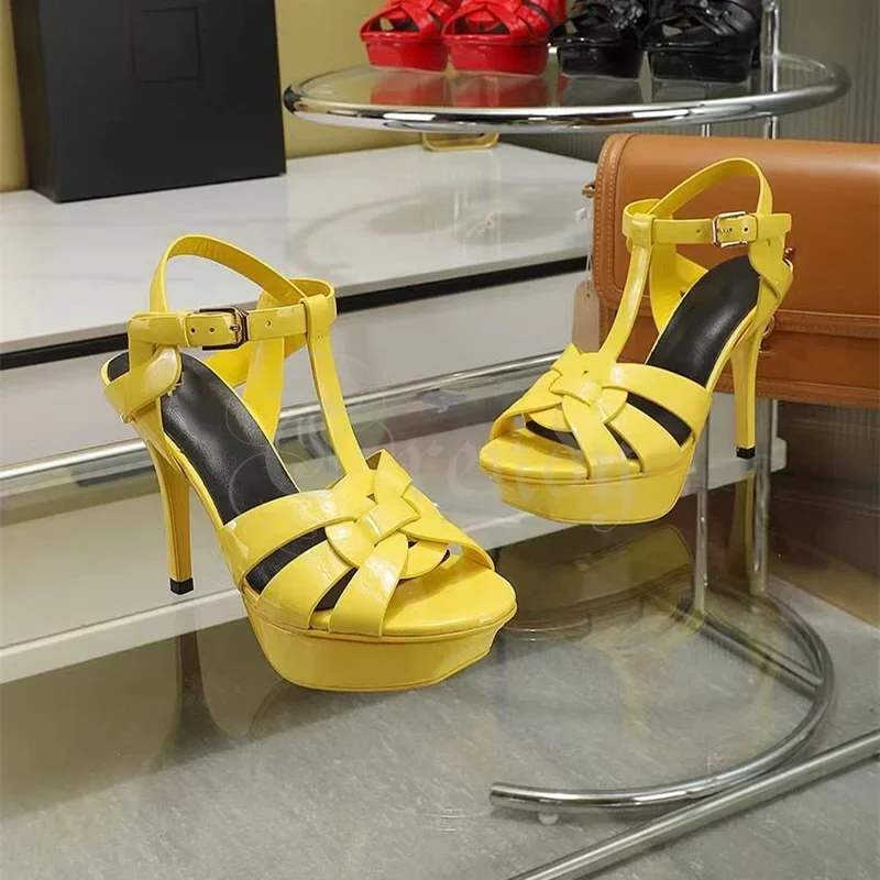 

Red Leather Platform 10Cm Heels Women Woven Cross Hollow Design Sandals Buckle Round Stiletto Slingback Custom Color Sexy Shoes