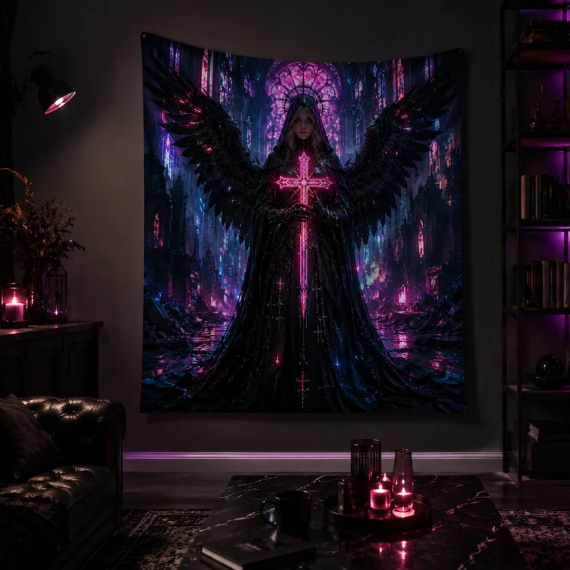 VIKAMA Cyberpunk Fallen Angel Tapestry, Neon-style Skull Wall Hanging Decoration, Dark Gothic Home Decor