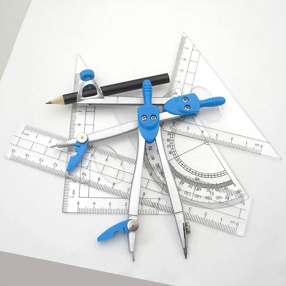 Juego de brújula geométrica para estudiantes, transportador de matemáticas escolares, reglas para Matemáticas e Ingeniería, estuche de transporte, azul, 10 piezas