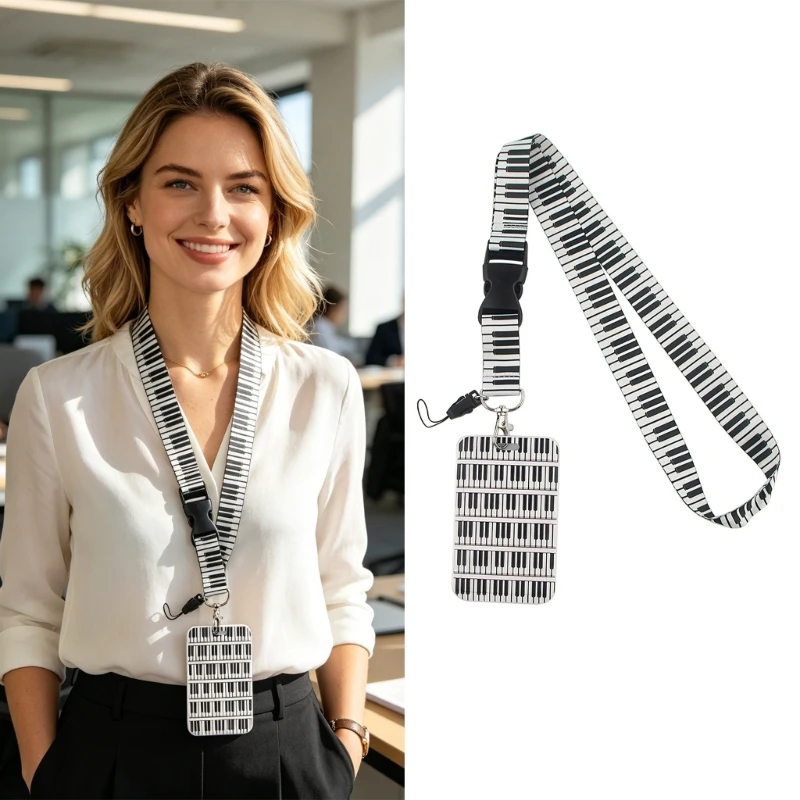 Music Themed Lanyard Card Sleeve Set with Release Clip and PVC Badge Sleeve for Office Access, School Use and Daily Carry H8WD