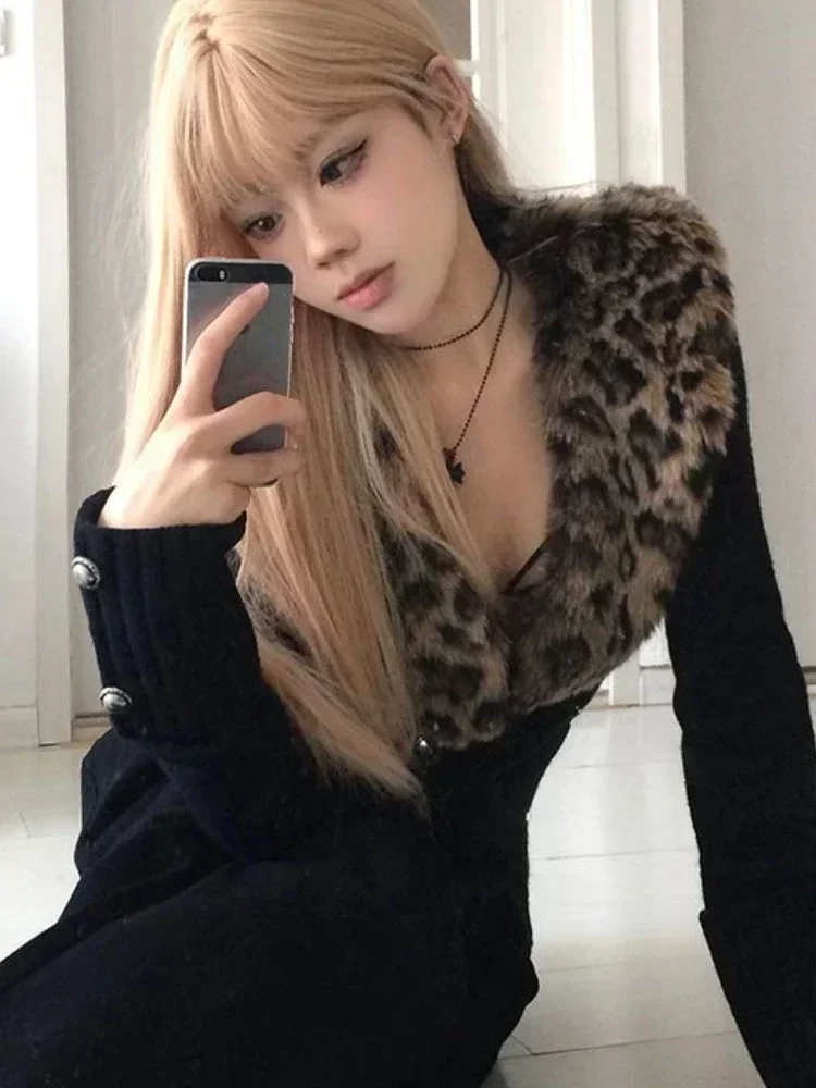 DEEPTOWN Leopard Cardigan Women Japanese Gyaru V-neck Long Sleeve Streetwear Slim Sexy Cardigan Sweater Y2k Vintage Top Autuam