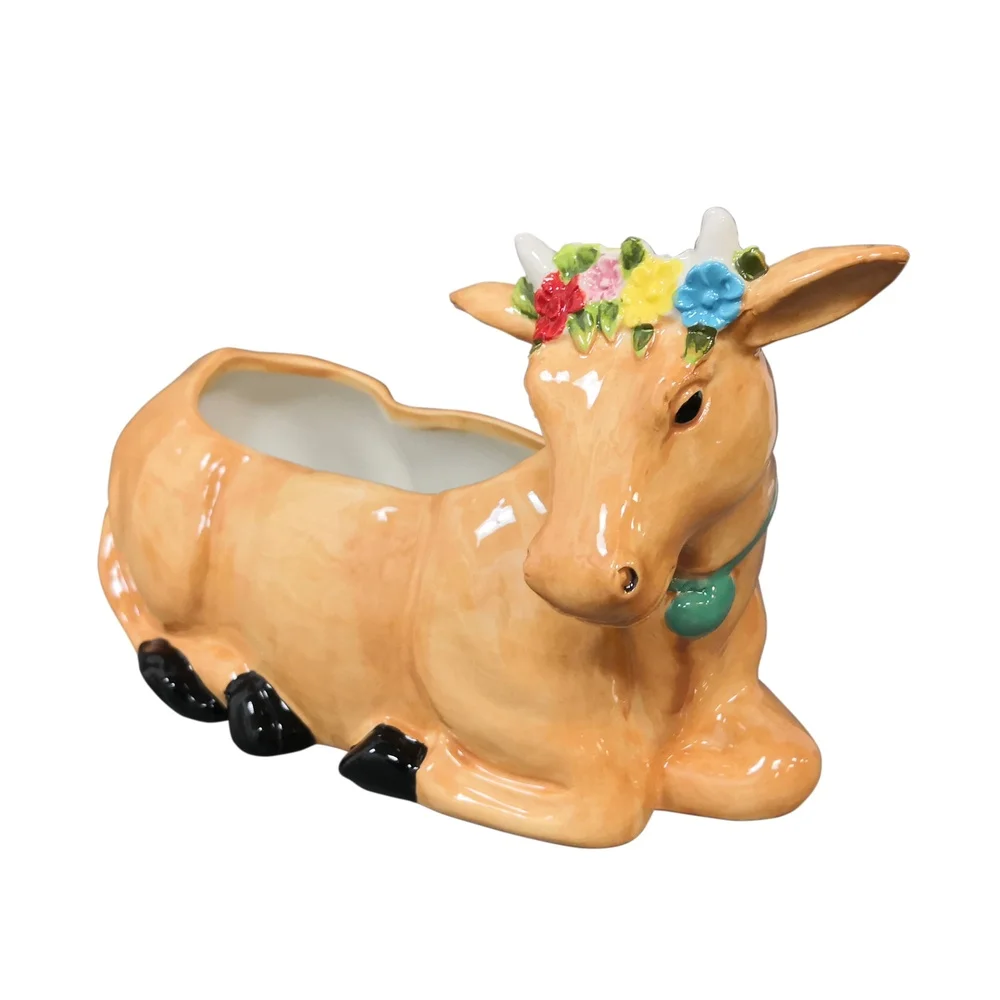 

Brown Cow Planter Hand Painted Stoneware Weather Resistant Drainage Holes Perfect Flowers Herbs Succulents Indoor Outdoor Use