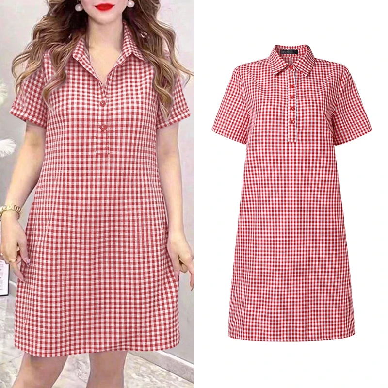 Minimalistisches Gingham-Kleid für Damen, Sommerkleid mit Umlegekragen, kurzen Ärmeln, halben Knöpfen, knielang, ZANZEA, lässiges Hemdkleid