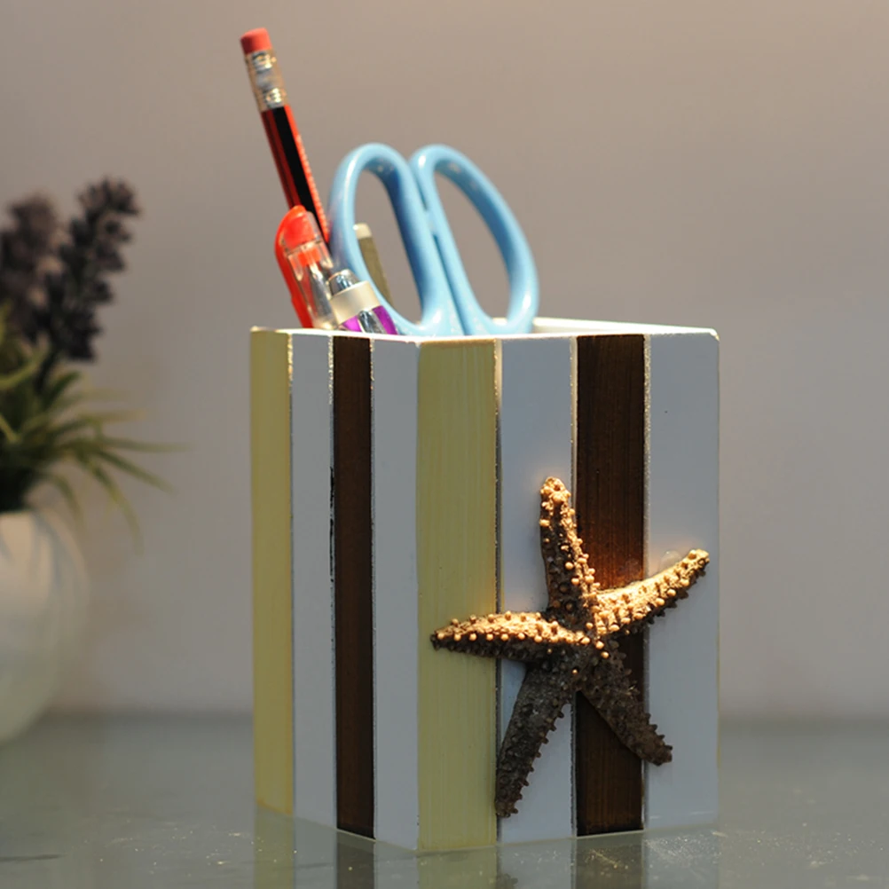 

s Striped Ocean Pen Holder Mediterranean Style Student Desk ganizer Wooden Pencil Container Storage Practical Eco