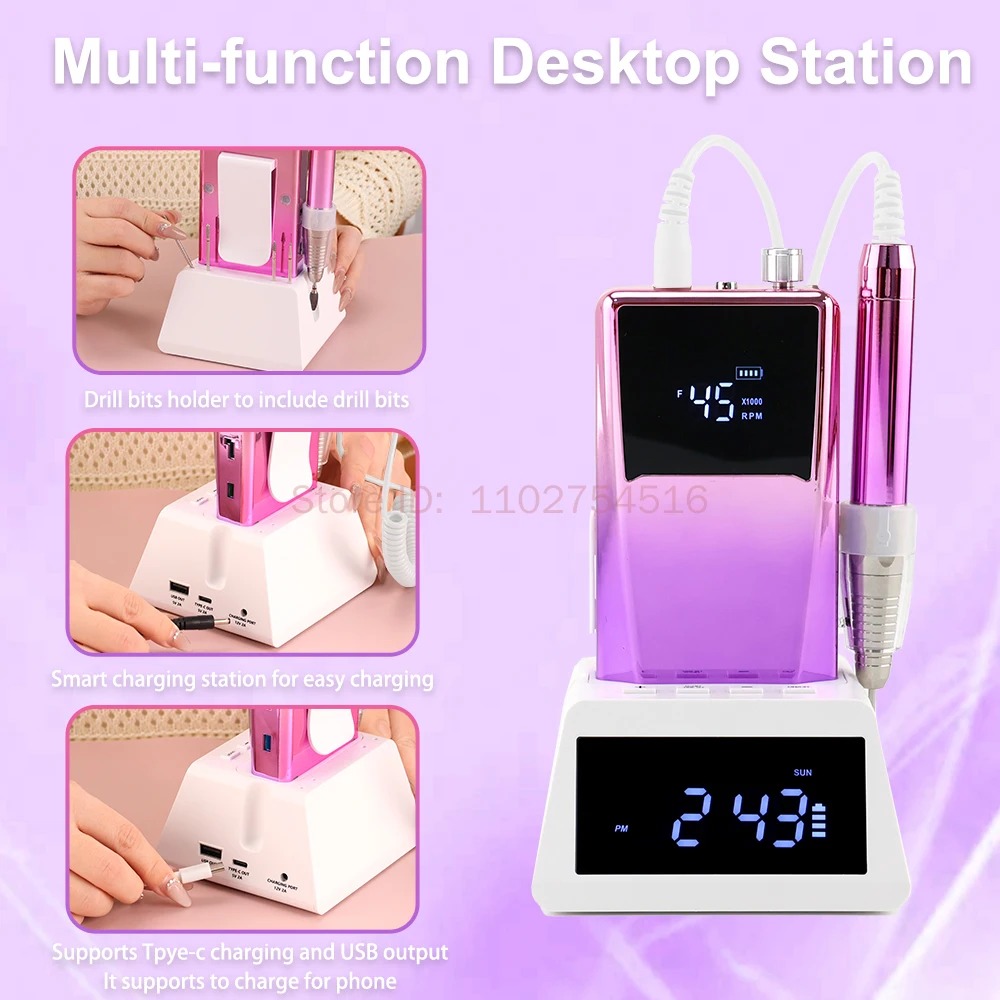 45000RPM Brushless High Speed Cordless Electric Nail Drill Machine 85w Electric Nail File Nail Supplies Manicure Tool with Clock