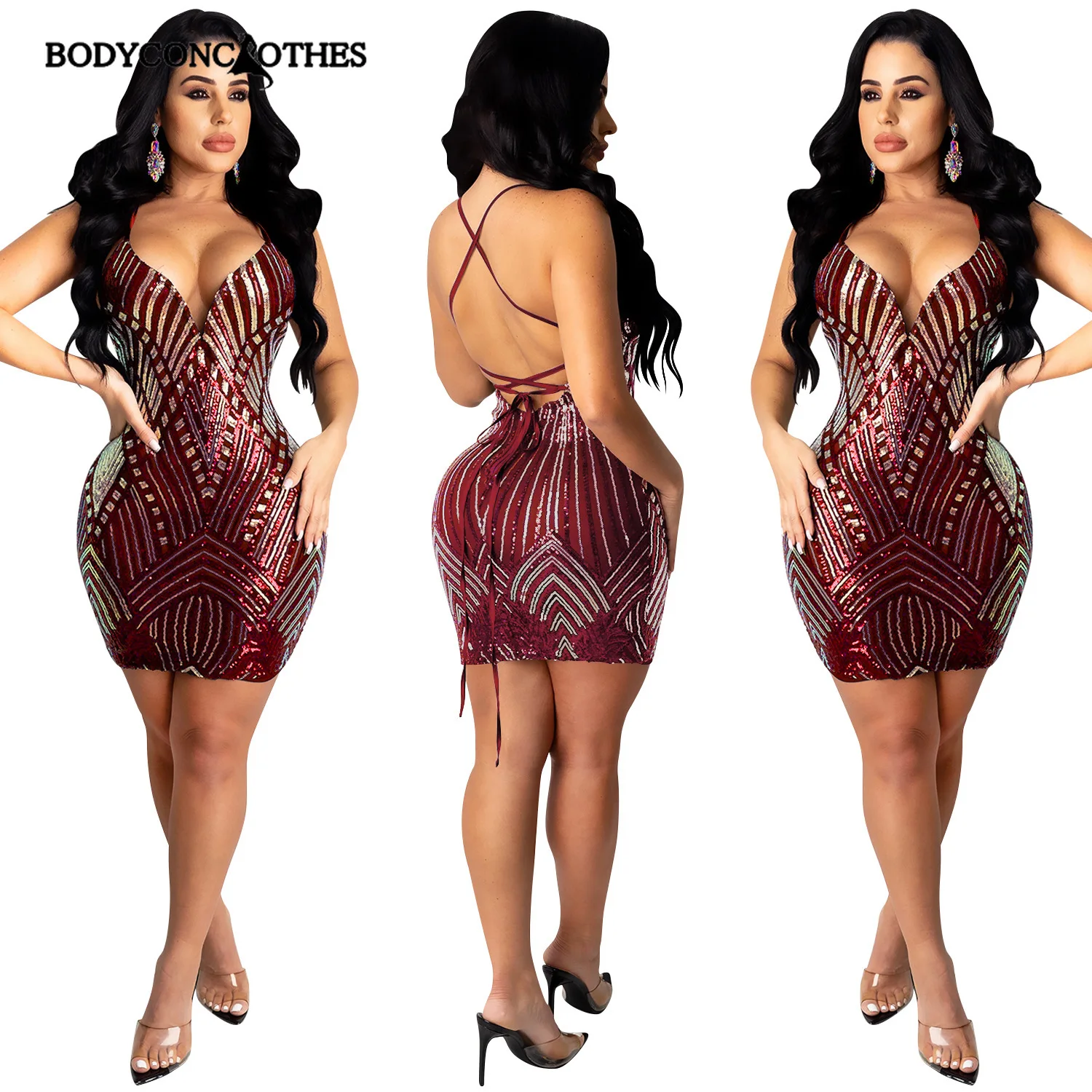 Bodyconclothes ผู้หญิงเลื่อม Splicing เปิดกลับ Lace Up สปาเก็ตตี้สายคล้องคอ V-Neck Bodycon Midi ชุดเซ็กซี่ Club Party Mini Dresses