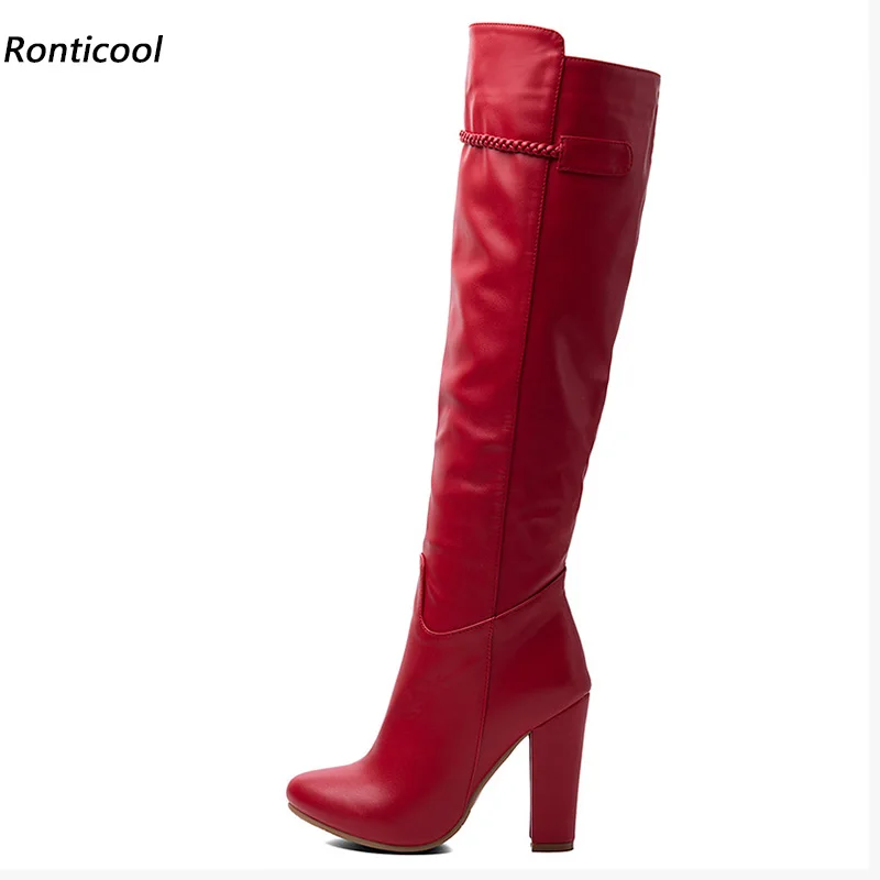 Botas altas de tacón grueso para mujer, de piel sintética sólida, con punta redonda, correa trenzada decorativa, estilo holgado, para fiesta y moda