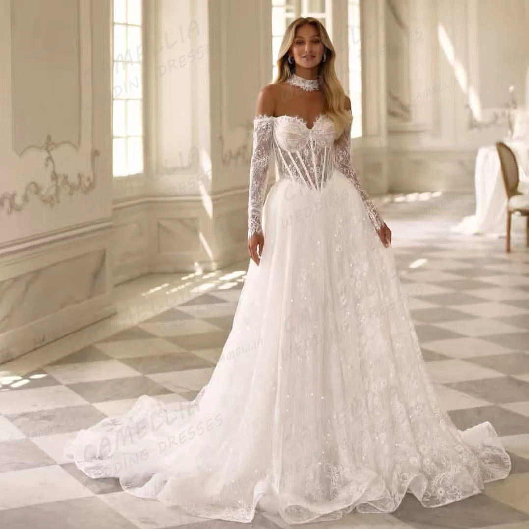 Robes De mariée trapèze exquises pour femmes, robes De mariée brillantes en dentelle, manches longues, traîne De balayage, personnalisées