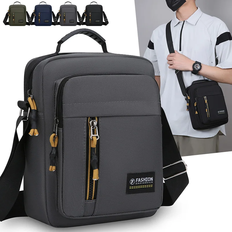 Men Grey Crossbody Bag Shoulder Messenger with Top Handle Waterproof Nylon Vertical Zipper Pocket Adjustable Strap for Daily
