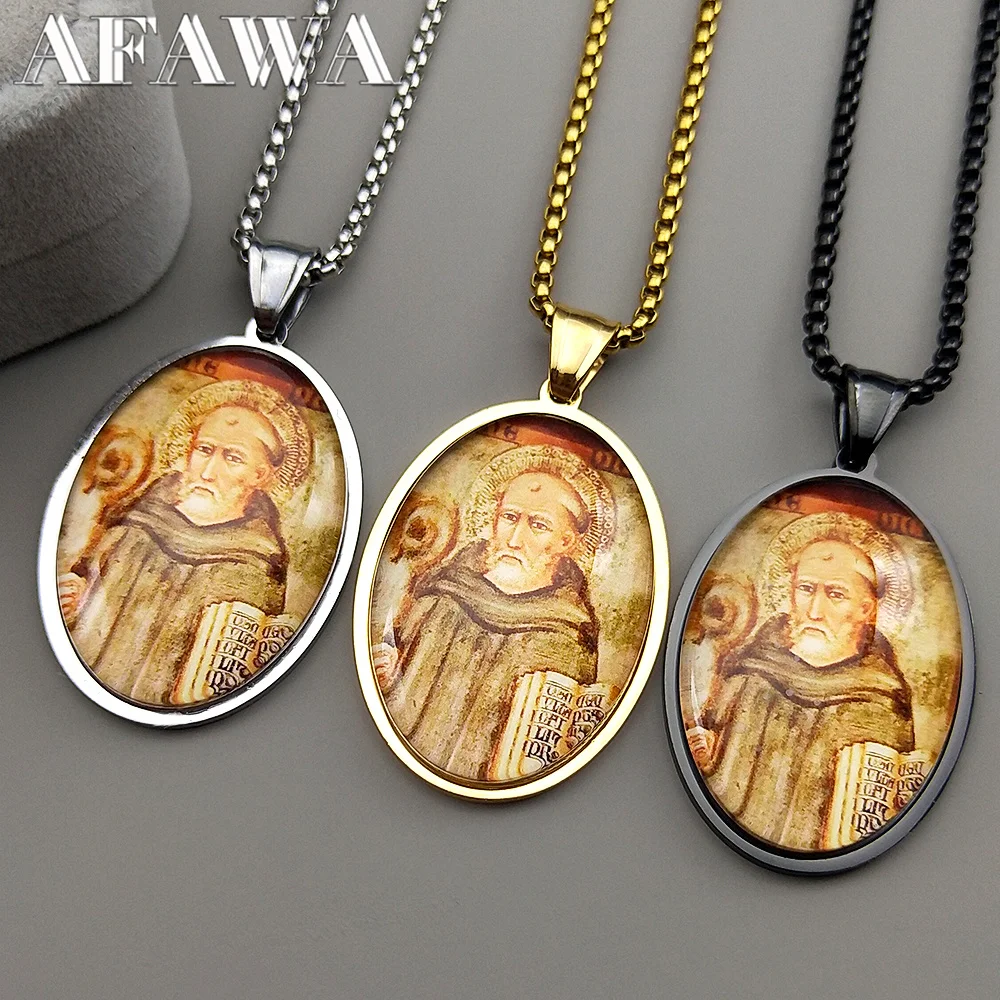 

Catholic Saint Benedict Glass Medal Pendant Necklace for Women Men Stainless Steel Silver Color San Benito Amulet Jewelry Gift