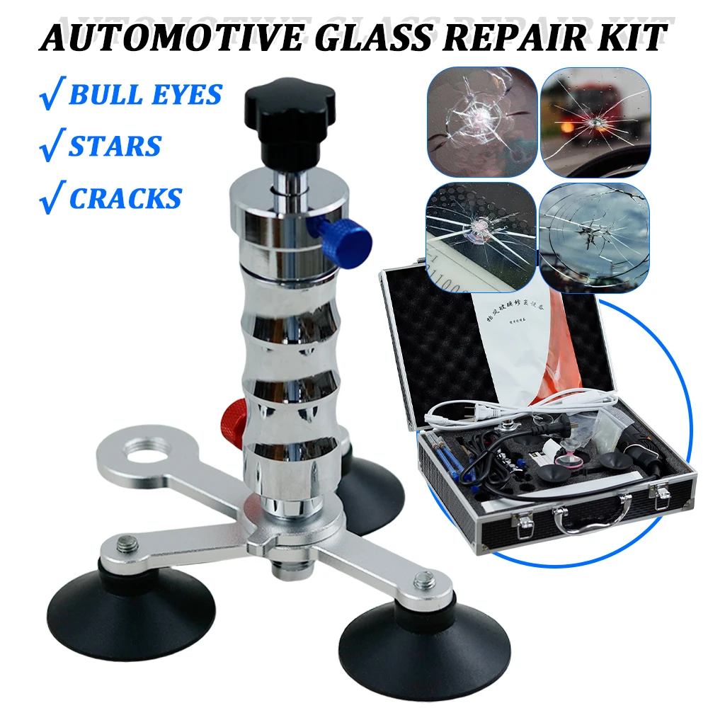 Car front windshield repair kit, car glass crack repair professional accessories toolbox, stainless steel vacuum injection pump