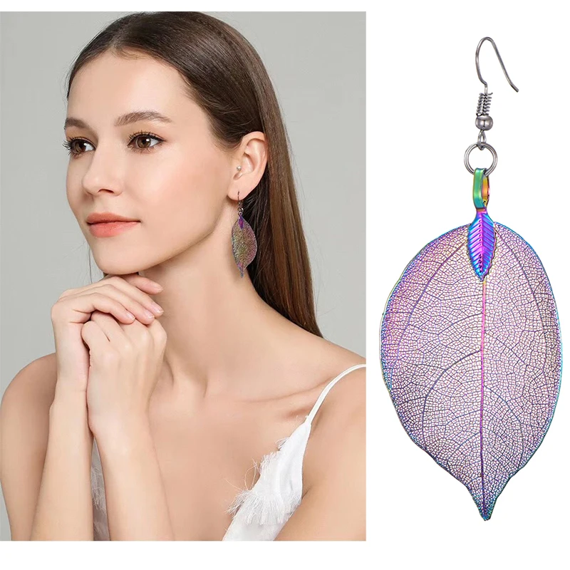 Colorful Unique Filigree Natural Real Leaf Earrings For Women Big Jewelry Wedding Long Drop Dangle Party Gift Pendientes Mujer