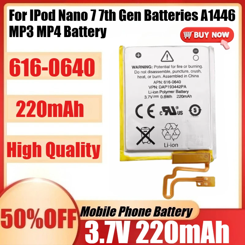 

New 3.7V 220mAh 616-0640 Replacement Battery for IPod Nano 7 7th Gen Batteries A1446 MP3 MP4 Battery