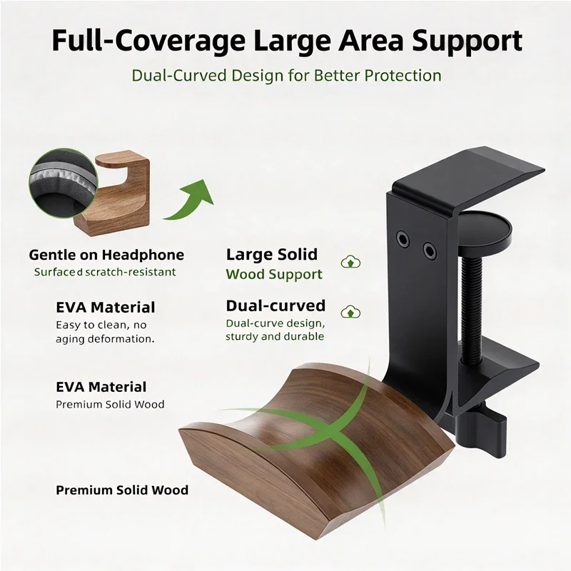 Adjustable Solid Wood Headphone Hanger Desk Clamp Stand Bracket - Walnut Beech Aluminum Alloy Gaming Headset Holder 10-65mm Clip