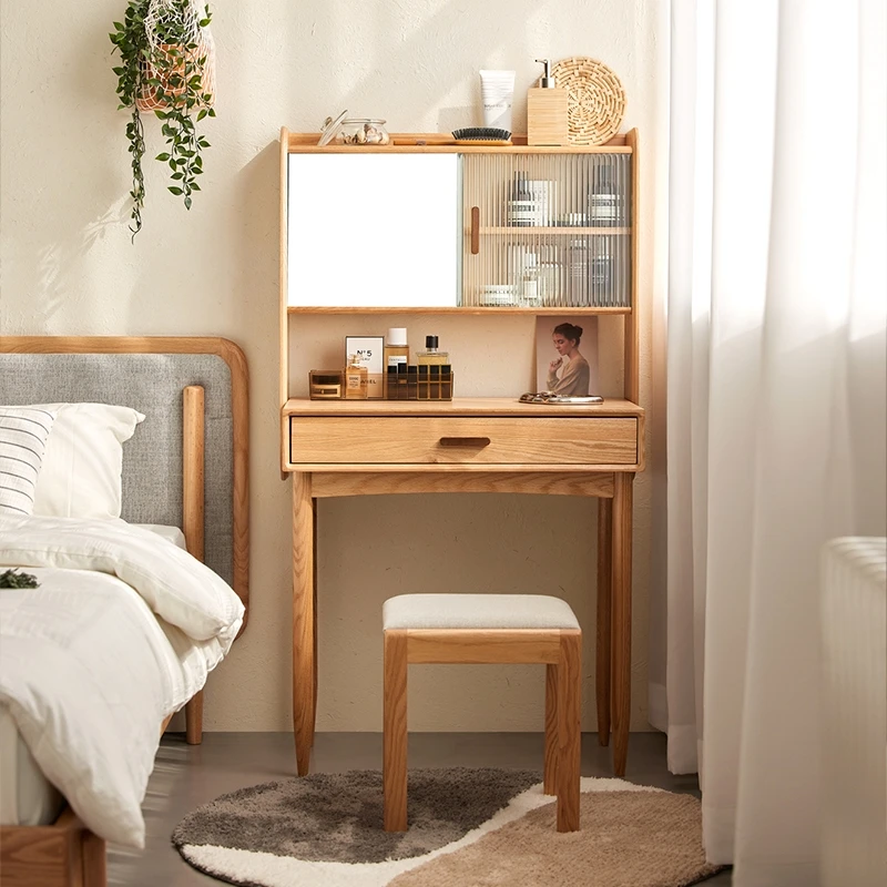 -ee Vintage Oak Wood H7052 Bedroom Vanity Table Set with Standing Mirror Elegant Makeup Dresser Dressing Table for Apartment Use