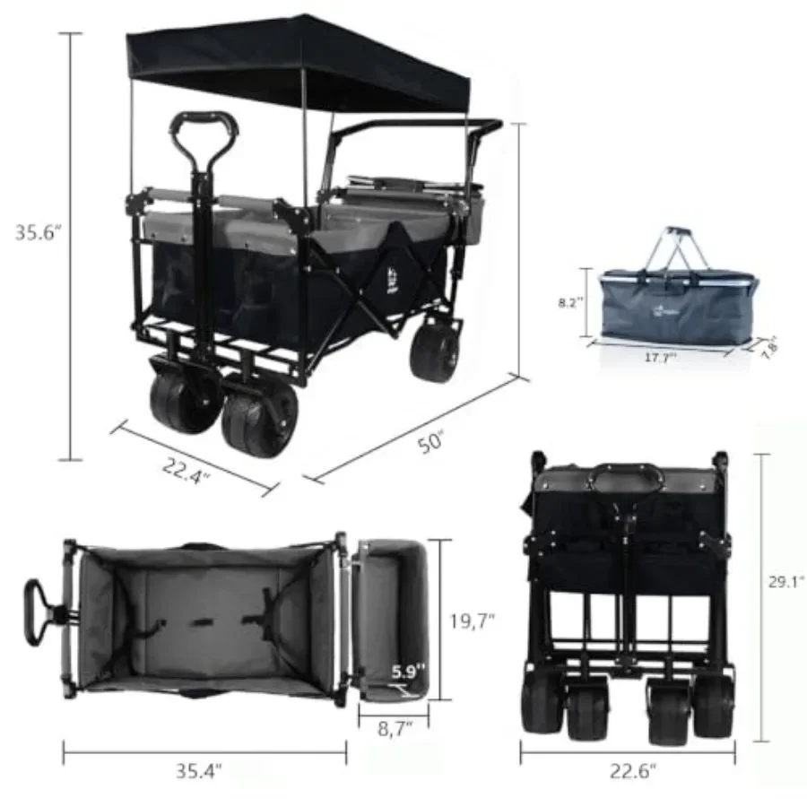 Beach, camping, garden utility cart: heavy-duty steel, black, 250lbs capacity, collapsible with removable canopy, 4 all-terrain