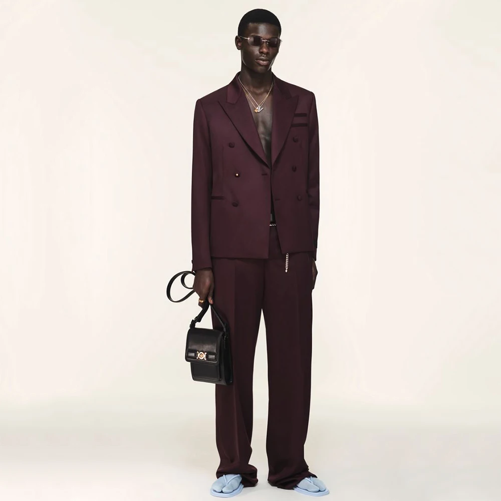 

Роскошные красные мужские костюмы, комплект из 2-х предметов, куртка и брюки для особых случаев, двубортный костюм с остроконечными лацканами, мужская модная банкетная одежда