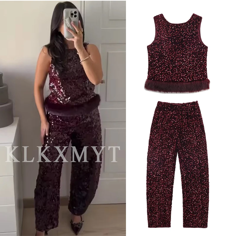 Vrouwen Pailletten Set 2025, Vrouwen Nieuwe Mode Mouwloze Backless Korte Top + Leisure Broek Tweedelige Set Vrouwen Elegant pak