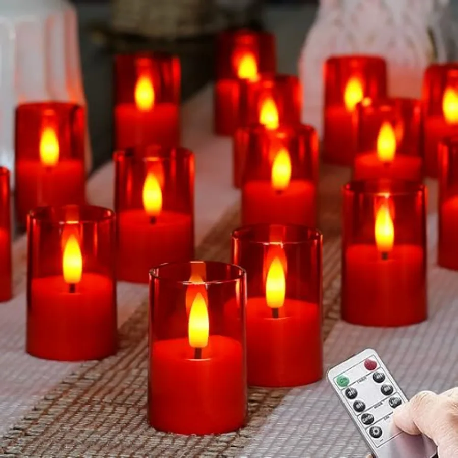 

Flameless Small Tea Light LED Candles, Acrylic Battery Operated Votive 1.7" x2.5" with Remote Control and Timer, Tealight Red F