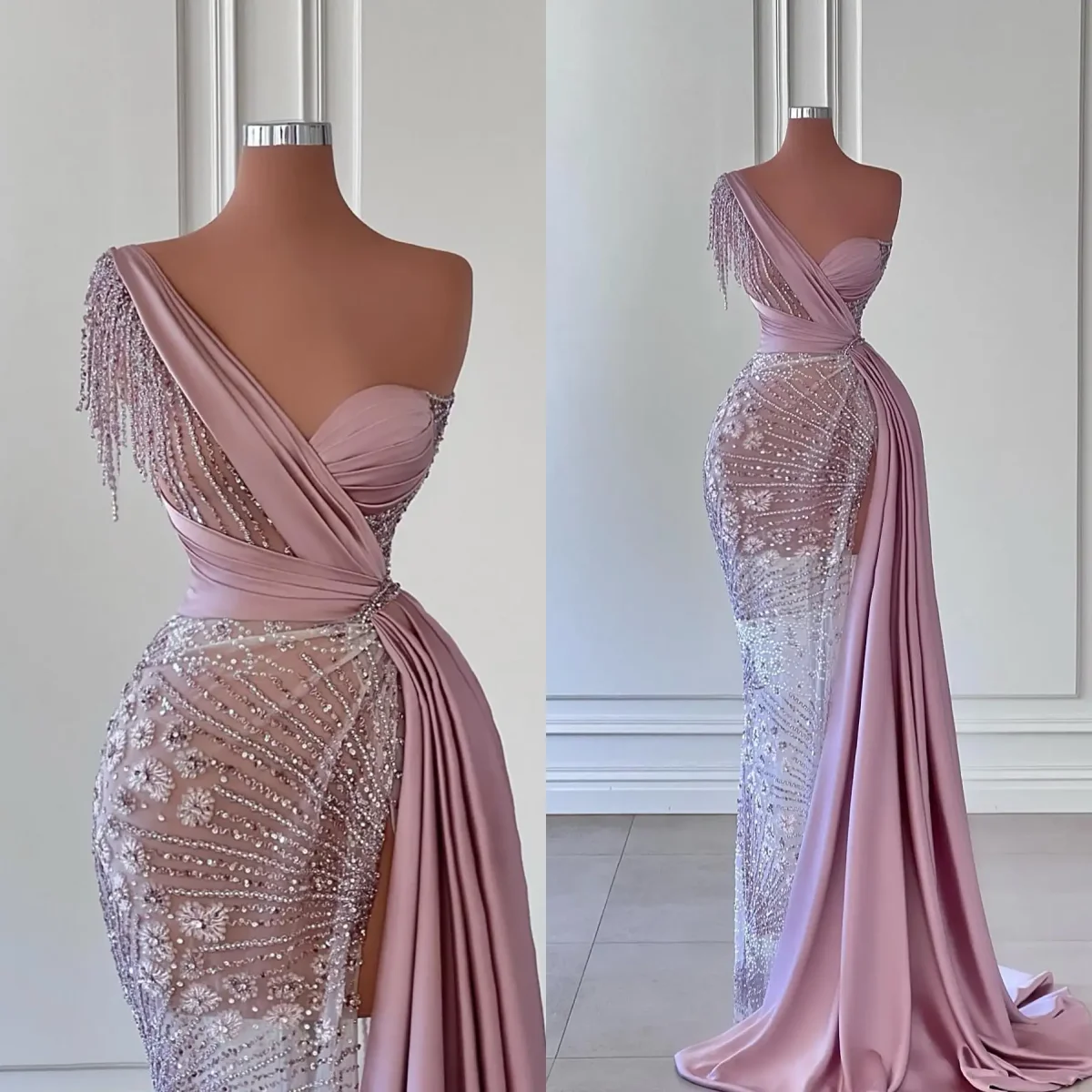 

Stunning Crystals Mermaid Prom Gowns One Shoulder Sleeveless Evening Dresses Beading Celebrity Party Customized