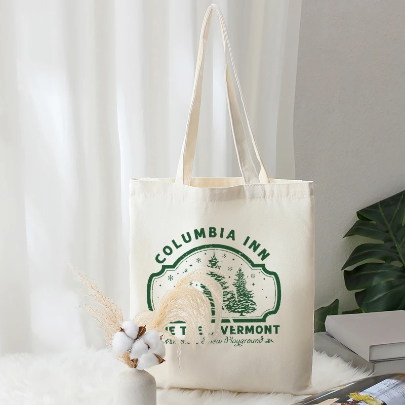 Columbia Inn Pine Tree Vermont Christmas Pattern Tote Bags Canvas Shoulder Bag Travel Daily Commute Women Reusable Shopping Bag