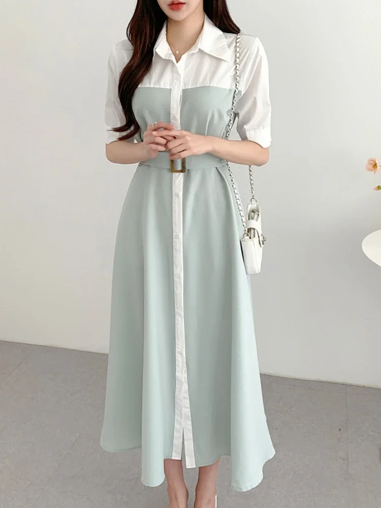 Abito camicia elegante con risvolto con lacci primavera estate Abito da donna vintage doppiopetto patchwork Abito da sera lungo da donna da ufficio