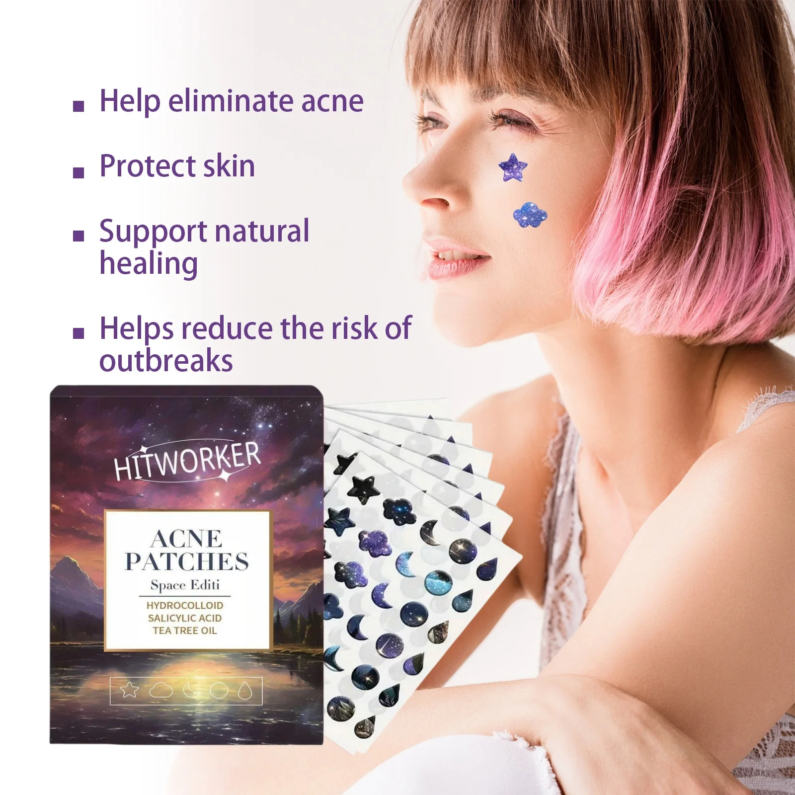 180pcs/box of water-based tea tree oil acne patches, space version designed acne stickers, facial skincare products, Halloween image 2