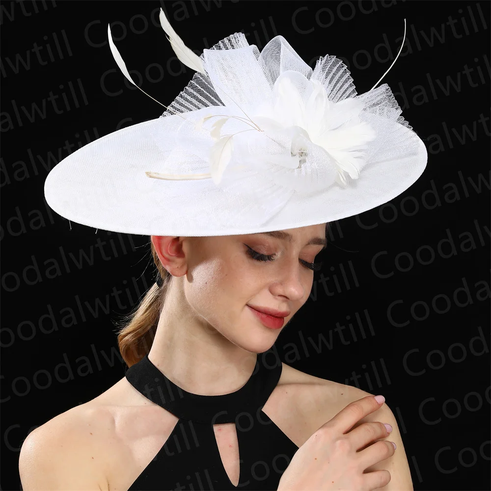 

White Big Derby Fascinators Wedding Women Hat Feather Flower Pillbox Fascinator Hat Ladies Elegant Veils Chapeau Cap Mesh