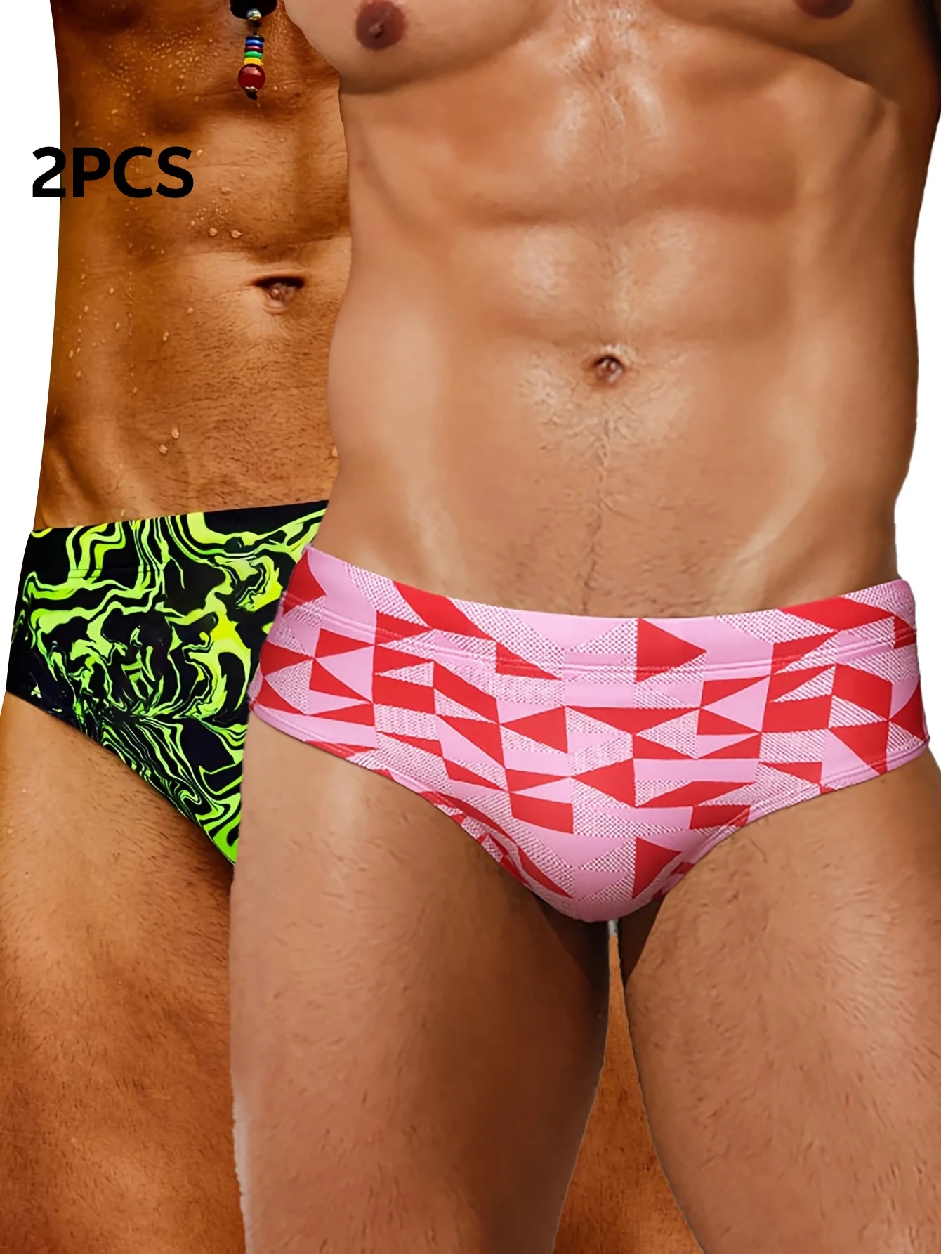 2 pieces of men's patterned quick-drying triangle swim trunks, men's swimwear, summer beach swimming and surfing shorts