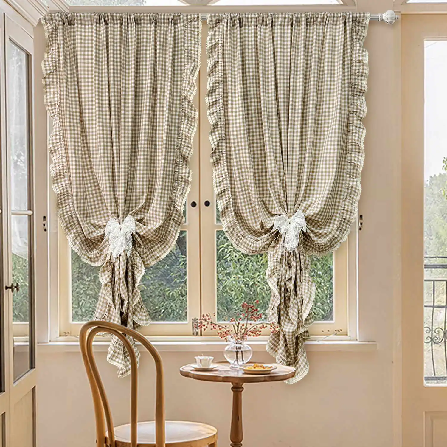 2PCS Retro Light Coffee Ruffled Curtain for Living Room Kitchen Balcony Cafe Semi-Shading Hotel Window Drape Home Decoration