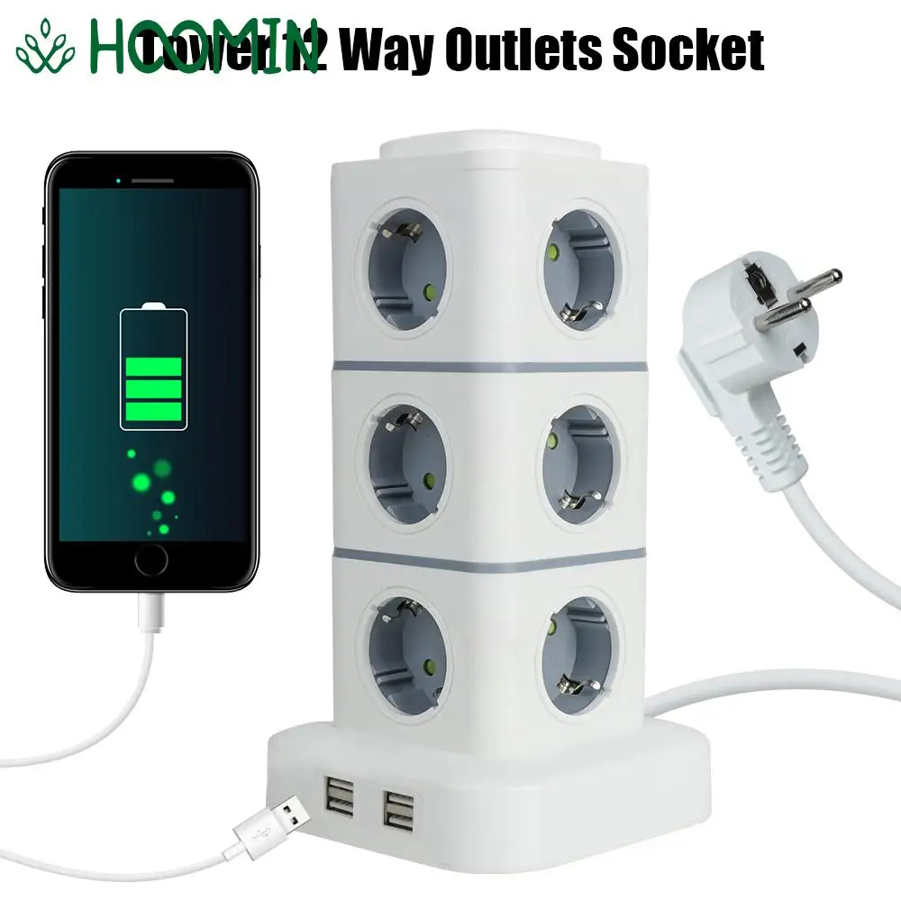 

EU Plug Tower 12 Way Outlets Socket with 4 USB Overload Protector Switch 5V 3.1A Multi Power Strip Vertical 2.8m Extension Cord