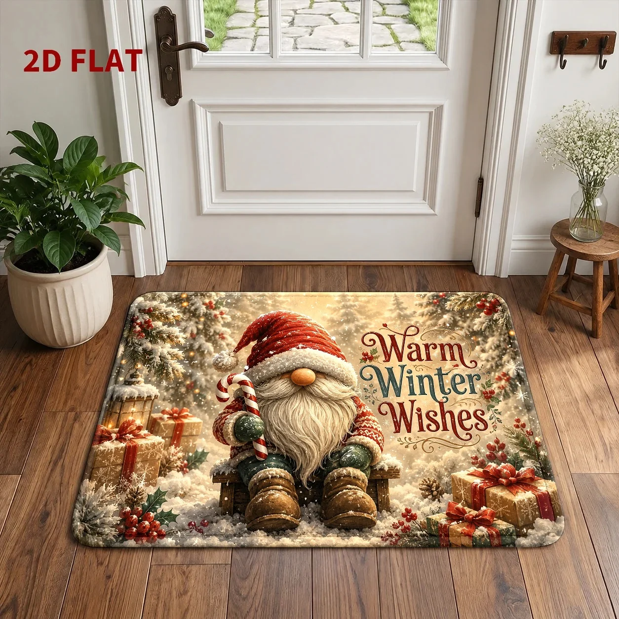 Vintage Santa Sleigh Doormat Winter Welcome Rug Golden Border Area Rug Entrance Lounge Basement Courtyard Floor Pad