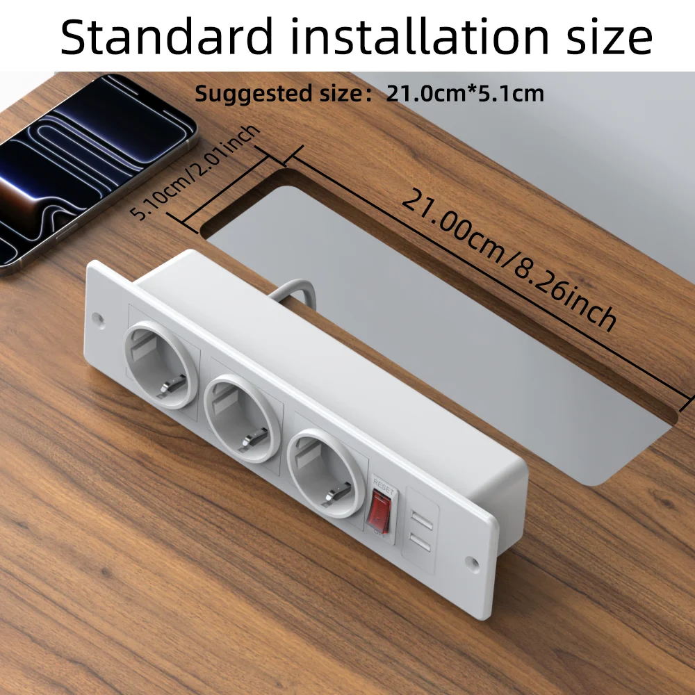 Recessed Embedded Power Socket Strip with 3 AC Ports 2 USB-A(5V2.1A) 1.5m Cord Multi Plug Outlet for Study Desk Cafe Counter