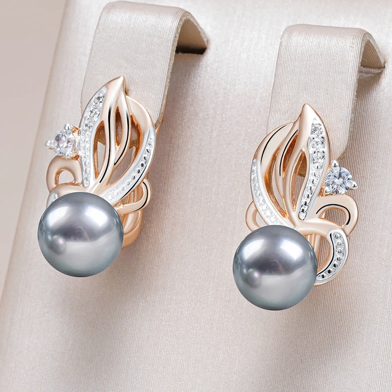 Kinel Heiße natürliche Zirkon-Blume, graue Perle, Tropfenohrringe für Frauen, 585er Roségold, Silber, Farbmischung, Boho-Ethno-Hochzeitsschmuck