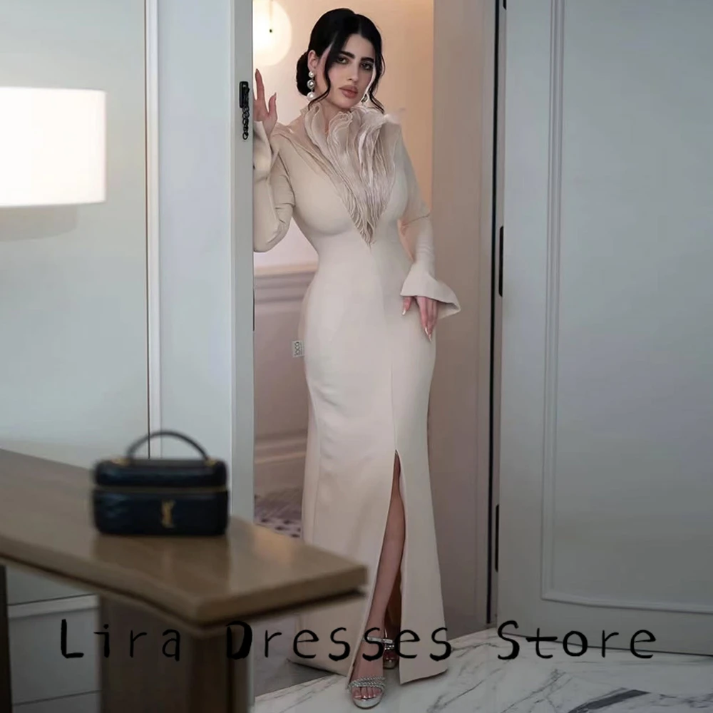 Mermaid V-Neck Long Sleeves Evening Dress Customized High Quality Jersey Celebrity Gowns Classic Side Fork Homecoming Dress - view 4