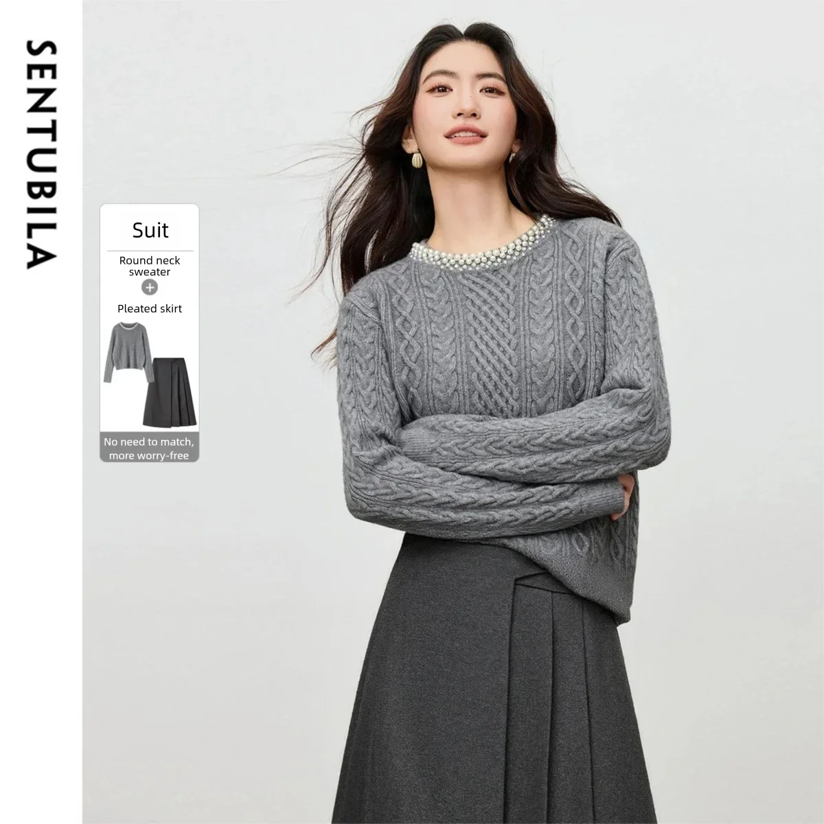 

SENTUBILA Women's 2 Piece Set 2025 Pearl Trim Cable Knit Sweater Irregular Pleated Skirt Elegant Winter Ladies Outfit 754ZA5355Z