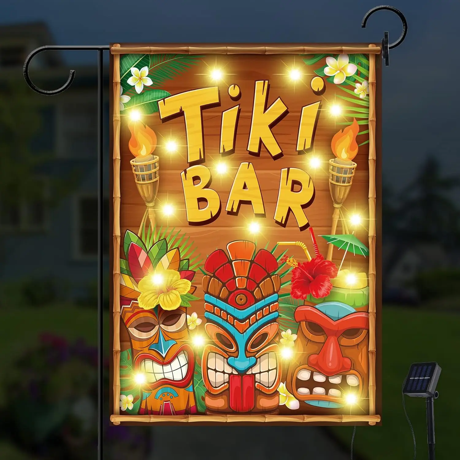 Capoda Tiki Garden Flag 12 x 18 Inch Summer Tiki Bar Lighted Flag Yard Flag with Solar Lights Double Sided Tropical Party Decor