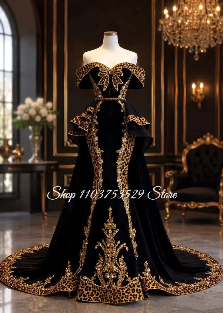 Maßgeschneidertes Schulterfreies Glamouröses Abendkleid Leopardenmuster Edelstein-Meerjungfrauenkleid Hochwertiges Partykleid Roter-Teppich-Kleid