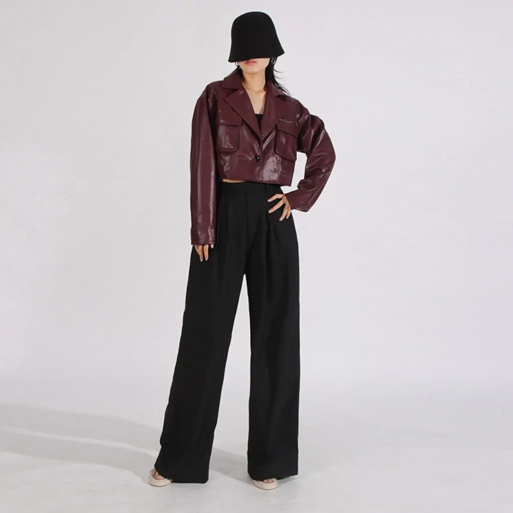Elegant Lady Style High-End Design Leather Jacket for Women European American Autum New Suit Collar Splicing Flap Pocket Pants