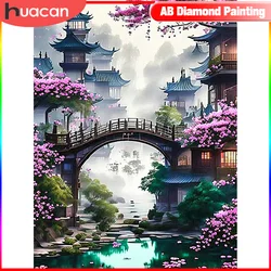 HUACAN Diamond Painting Complete Kit Ancient Architecture Full Square Round Mosaic Flower Wall Paintings