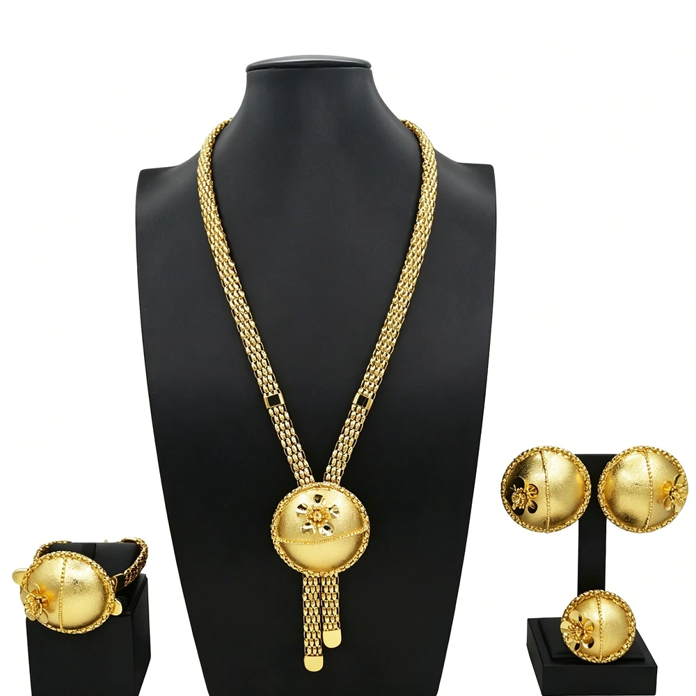 4Pcs Brazil Gold Plated Flower Ball Jewelry Set Braided Mesh Chain Y Drop Lariat Necklace Bracelet Ring Stud Earrings For Women