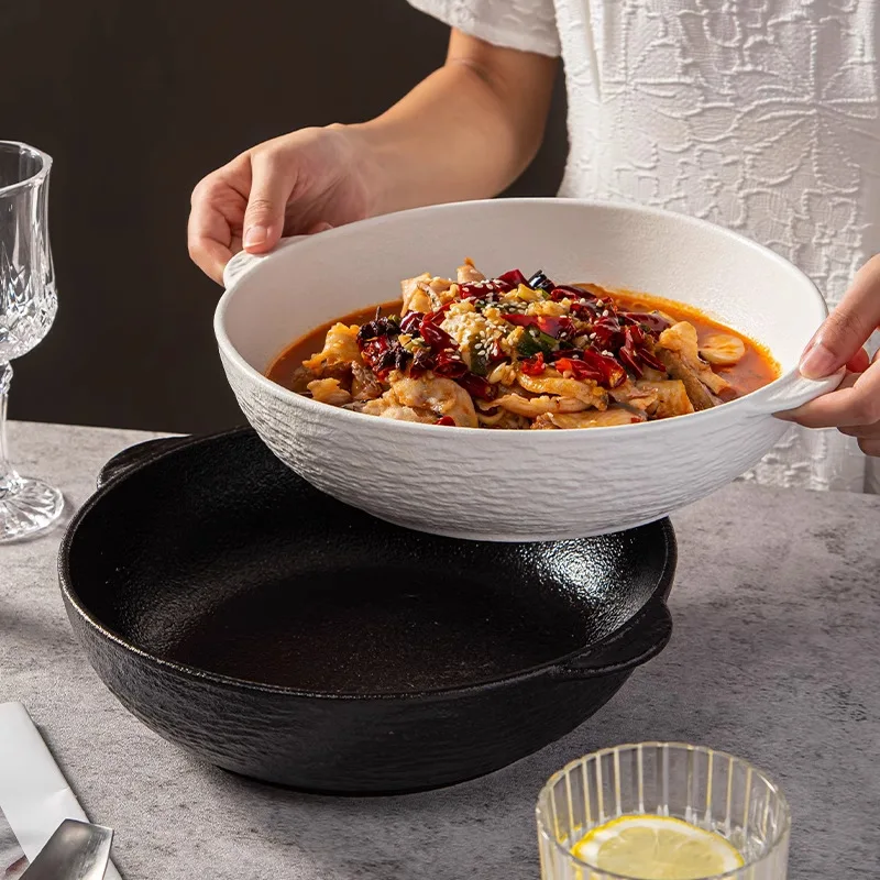 

Ceramic Luxury Noodle Bowl Set for Sour Fish Soup Ramen with Double Ears Large Soup Bowl for Home Use