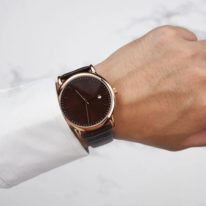 

New Rose Gold Tone Case Quartz Wristwatches Brown Dial with Date Display Brown Leather Strap Fashion Luxury Brand Watch for Men