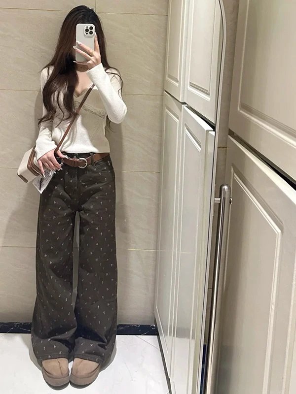 กางเกงยีนส์ทรงตรงหลวมลายดอกไม้สีน้ำตาลสไตล์เรโทรสำหรับผู้หญิง ฤดูใบไม้ร่วง ฤดูหนาว รุ่นใหม่ Sle PmORh เอวสูง ยาวคลุมเท้า