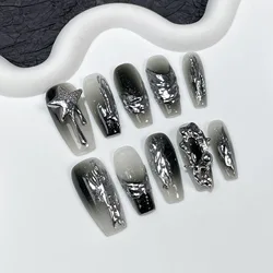 10Pcs Gradient Black Fake Nails Metal Irregular Design Press On Nails Medium Coffin Handmade Wearable Full Cover Nail Tips Art