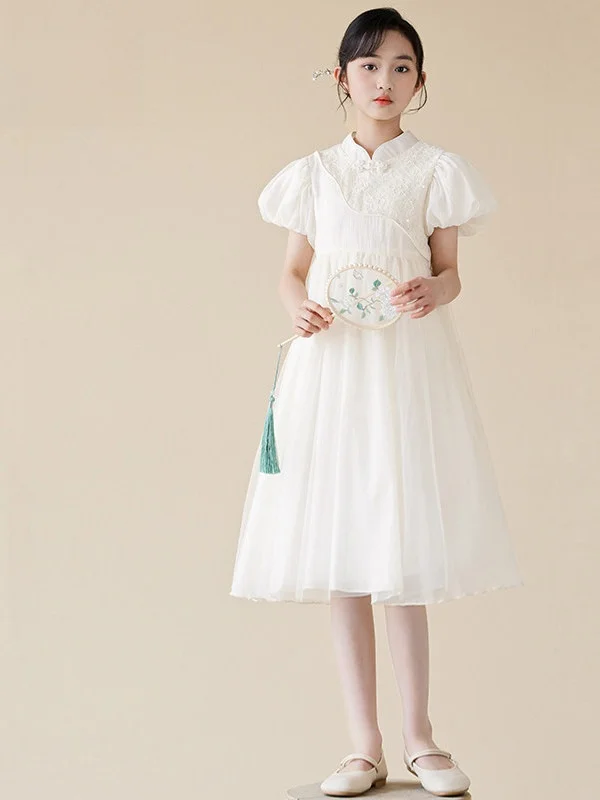 girls-white-summer-dress-princesse-style-short-sleeve-a-line-midi-skirt-new-chinese-style-children's-clothing-soft-cotton-fabric