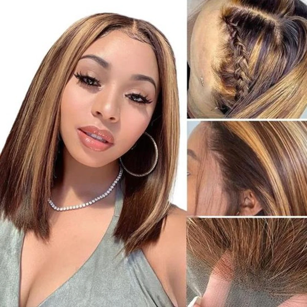 

#4/27 Straight Bob Lace Front Wig Human Hair 6X6 Highlight Ombre Bob Wig Human Hair Pre Plucked Color Wig For Women 180%Density