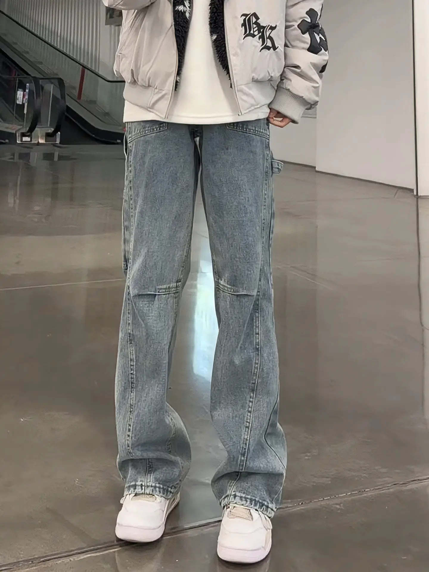 Retro Blue American Style Slant Cut Flared Jeans Men's Spring Slimming Pants Belt Design Sense Curved Knife Workwear Trousers