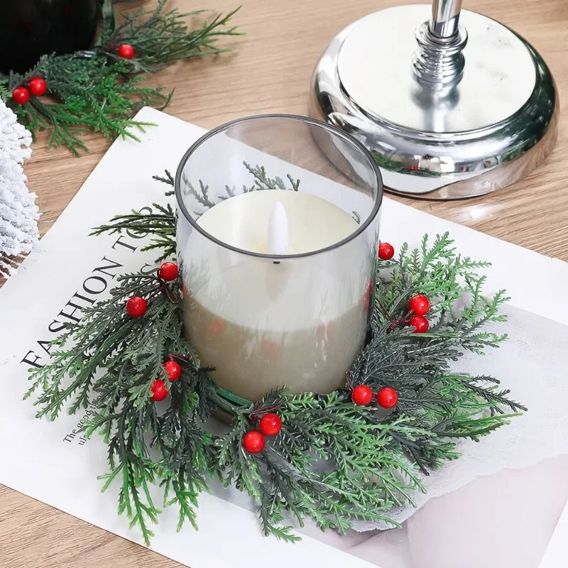 1/5PCS Artificial Pine Branch Wreaths DIY Christmas Candle Wine Fack Flower Ornaments New Year Party Desktop Candle Decor Holder